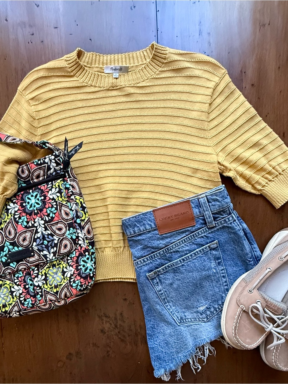 Madewell 100% Cotton Summer Coastal Yellow Ribbed Knit Short-Sleeve Sweater